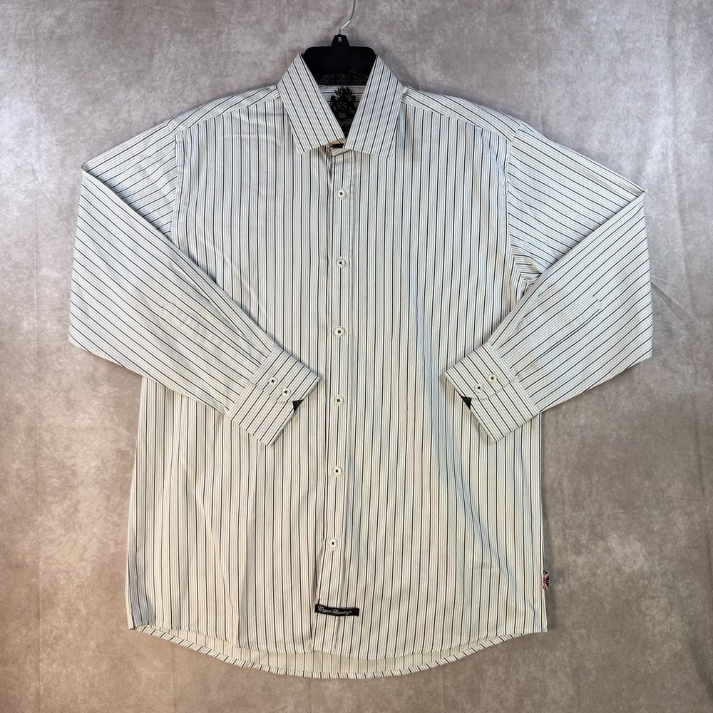 English Laundry Button Up Shirt Men 16.5 32/33 Blue Vertical Stripe Flip Cuff‎
